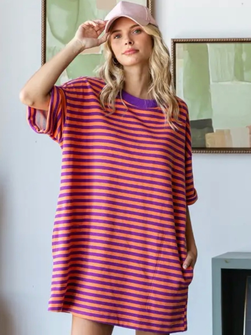 VEVERET Purple & Orange Striped Oversized Knit T-Shirt Dress - Medium